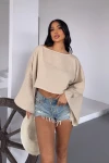 Bej Geniş Yaka Yarasa Kol Muslin Kumaş Keten Bluz BCBT-251003