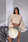 Bej Geniş Yaka Yarasa Kol Muslin Kumaş Keten Bluz BCBT-251003