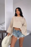 Bej Geniş Yaka Yarasa Kol Muslin Kumaş Keten Bluz BCBT-251003