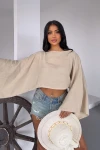 Bej Geniş Yaka Yarasa Kol Muslin Kumaş Keten Bluz BCBT-251003