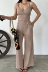Bej İp Askılı Crop Bluz Ve Yırtmaç Detaylı Pantolon İkili Takım BCDF-251084