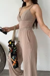Bej İp Askılı Crop Bluz Ve Yırtmaç Detaylı Pantolon İkili Takım BCDF-251084