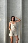 Bej V Yaka Bluz Ve Şortlu Dokuma Alt Üst Takım BCHN-25255014