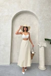 Bej Yüksek Bel Beli Lastikli Midi Boy Etek BCHN-25255043