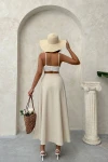 Bej Yüksek Bel Beli Lastikli Midi Boy Etek BCHN-25255043