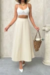 Bej Yüksek Bel Beli Lastikli Midi Boy Etek BCHN-25255043
