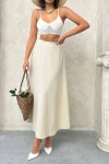 Bej Yüksek Bel Beli Lastikli Midi Boy Etek BCHN-25255043