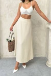 Bej Yüksek Bel Beli Lastikli Midi Boy Etek BCHN-25255043