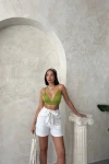 Beyaz Beli Büzgülü Kuşak Detaylı Lastikli Keten Şort BCHN-2525265