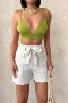 Beyaz Beli Büzgülü Kuşak Detaylı Lastikli Keten Şort BCHN-2525265
