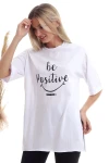 Beyaz Bisiklet Yaka Baskılı Oversize Tişört CO-2520333402