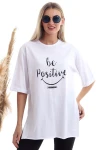 Beyaz Bisiklet Yaka Baskılı Oversize Tişört CO-2520333402