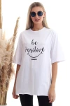 Beyaz Bisiklet Yaka Baskılı Oversize Tişört CO-2520333402