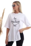 Beyaz Bisiklet Yaka Baskılı Oversize Tişört CO-2520333402