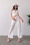 Beyaz Kruvaze Yaka Crop Bluz Ve Detaylı Pantolon Triko  İkili Takım BCDF-241081