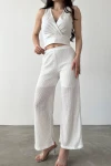 Beyaz Kruvaze Yaka Crop Bluz Ve Detaylı Pantolon Triko  İkili Takım BCDF-241081