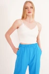 Beyaz Pamuklu Kaşkorse İp Askılı Dantelli Crop Bluz CO-2523254275