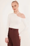 Beyaz Tek Omuz Yakası İpli Kaşkorse Crop Bluz CO-2523254279