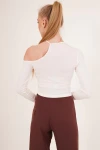 Beyaz Tek Omuz Yakası İpli Kaşkorse Crop Bluz CO-2523254279