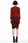 Bordo Beli Lastikli Yırtmaçlı Kalem Etek CO-258525287