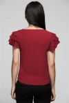 Bordo Fırfırlı Kısa Kol Crep Bluz CO-257222201