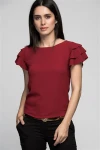 Bordo Fırfırlı Kısa Kol Crep Bluz CO-257222201