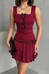Bordo Fiyonk Detaylı Bluz Ve Pileli Etek Alt Üst Takım BCHN-25255015