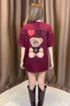 Bordo Ön Ve Arka Ayıcık Baskılı Love Ny 2 İplik Örme Tişört BCCL-253007