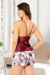 Bordo Saten Dantel Detaylı Dijital Baskılı Çiçek Desenli Şortlu Takım BCAN-253122FA