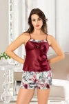 Bordo Saten Dantel Detaylı Dijital Baskılı Çiçek Desenli Şortlu Takım BCAN-253122FA