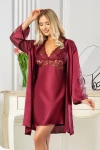 Bordo Saten Dantel Detaylı Gecelik Sabahlık Ikili Takım BCAN-252039FA