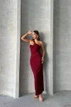 Bordo Tek Omuz Detaylı Maxi Boy Elbise BCHN-2525455