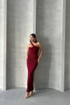 Bordo Tek Omuz Detaylı Maxi Boy Elbise BCHN-2525455