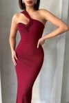 Bordo Tek Omuz Detaylı Maxi Boy Elbise BCHN-2525455