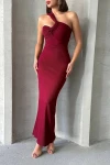 Bordo Tek Omuz Detaylı Maxi Boy Elbise BCHN-2525455