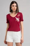 Bordo V Yaka Nakış İşlemeli Boyfriend Kısa Kol Bluz CO-257130562