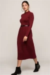 Bordo Yarım Balıkçı Eteği Pliseli Kemersiz Uzun Elbise CO-257372011