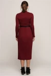 Bordo Yarım Balıkçı Eteği Pliseli Kemersiz Uzun Elbise CO-257372011