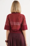 Bordo Yarım Kol İncili Transparan Bluz BCCL-253003