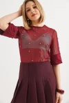 Bordo Yarım Kol İncili Transparan Bluz BCCL-253003