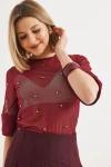 Bordo Yarım Kol İncili Transparan Bluz BCCL-253003