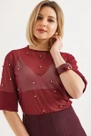 Bordo Yarım Kol İncili Transparan Bluz BCCL-253003