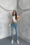 Buz Mavi Paçası Lazer Kesimli Yıkamalı Regular Kalıp Bilek Jeans BCNW-251375