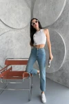 Buz Mavi Paçası Lazer Kesimli Yıkamalı Regular Kalıp Bilek Jeans BCNW-251375