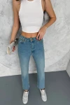 Buz Mavi Paçası Lazer Kesimli Yıkamalı Regular Kalıp Bilek Jeans BCNW-251375