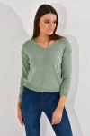 Çağla Yeşili V Yaka Çizgili Triko Bluz CO-2520026187
