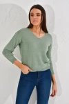 Çağla Yeşili V Yaka Çizgili Triko Bluz CO-2520026187