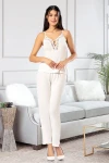 Ekru Dantel Detaylı Sabahlıklı Üçlü Pijama Takımı BCAN-258903FA