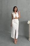Ekru Düğmeli Bluz Ve Etekli Kendinden Dokulu Alt Üst Takım BCHN-25255013
