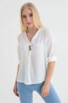 Ekru Düğmeli Duble Kol Crep Bluz CO-259152879